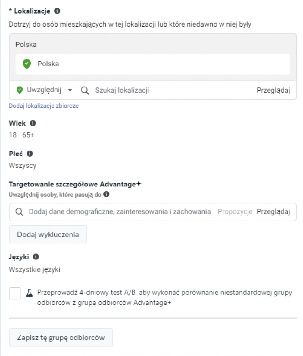 Lokalizacja grupy odbiorców w Meta Ads